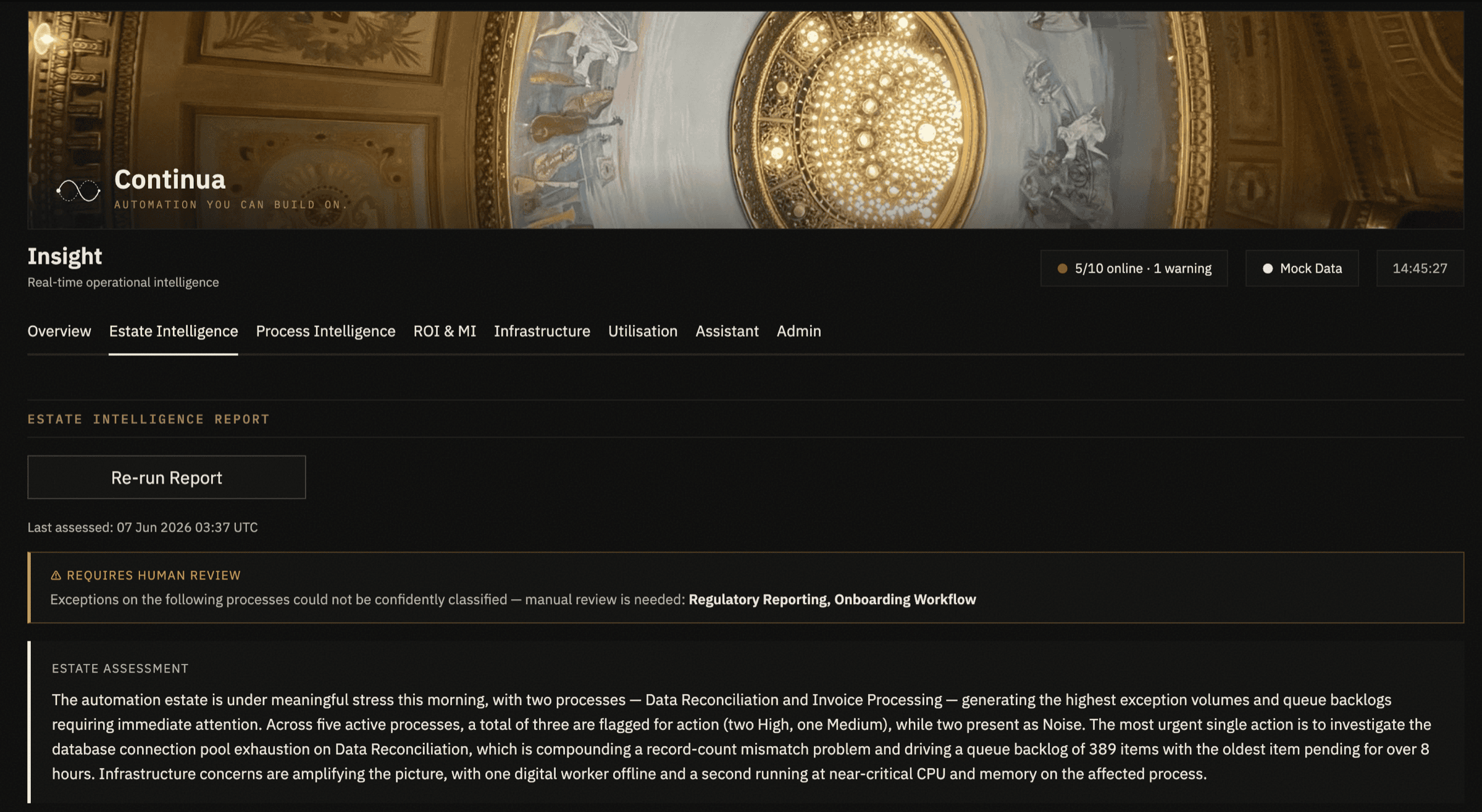Estate Intelligence Report tab — assessment and human-review banner