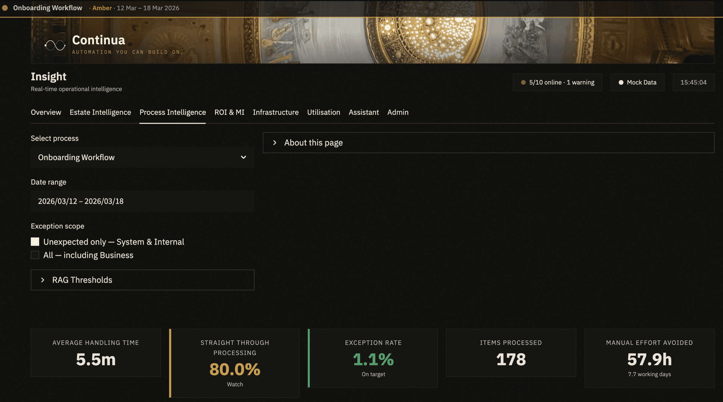 Process Intelligence — process selector, scope controls and health KPIs