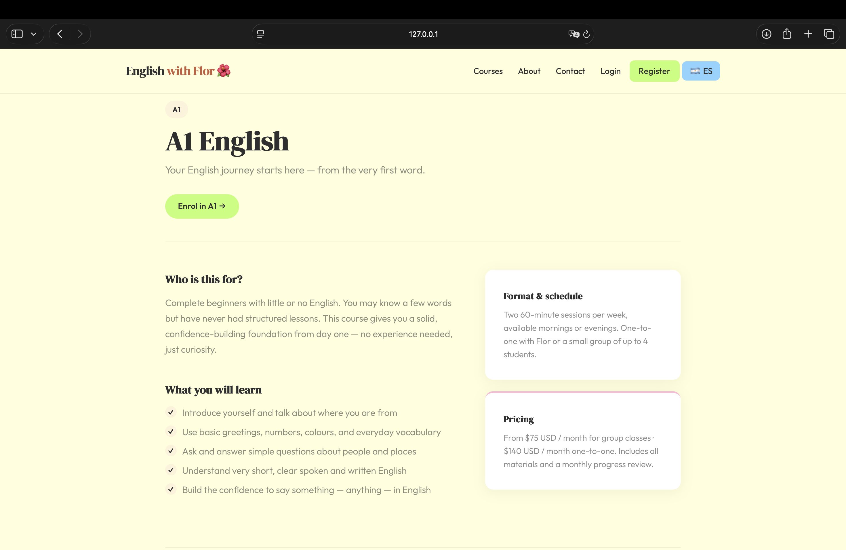 A1 course detail page — curriculum, format, schedule, and pricing