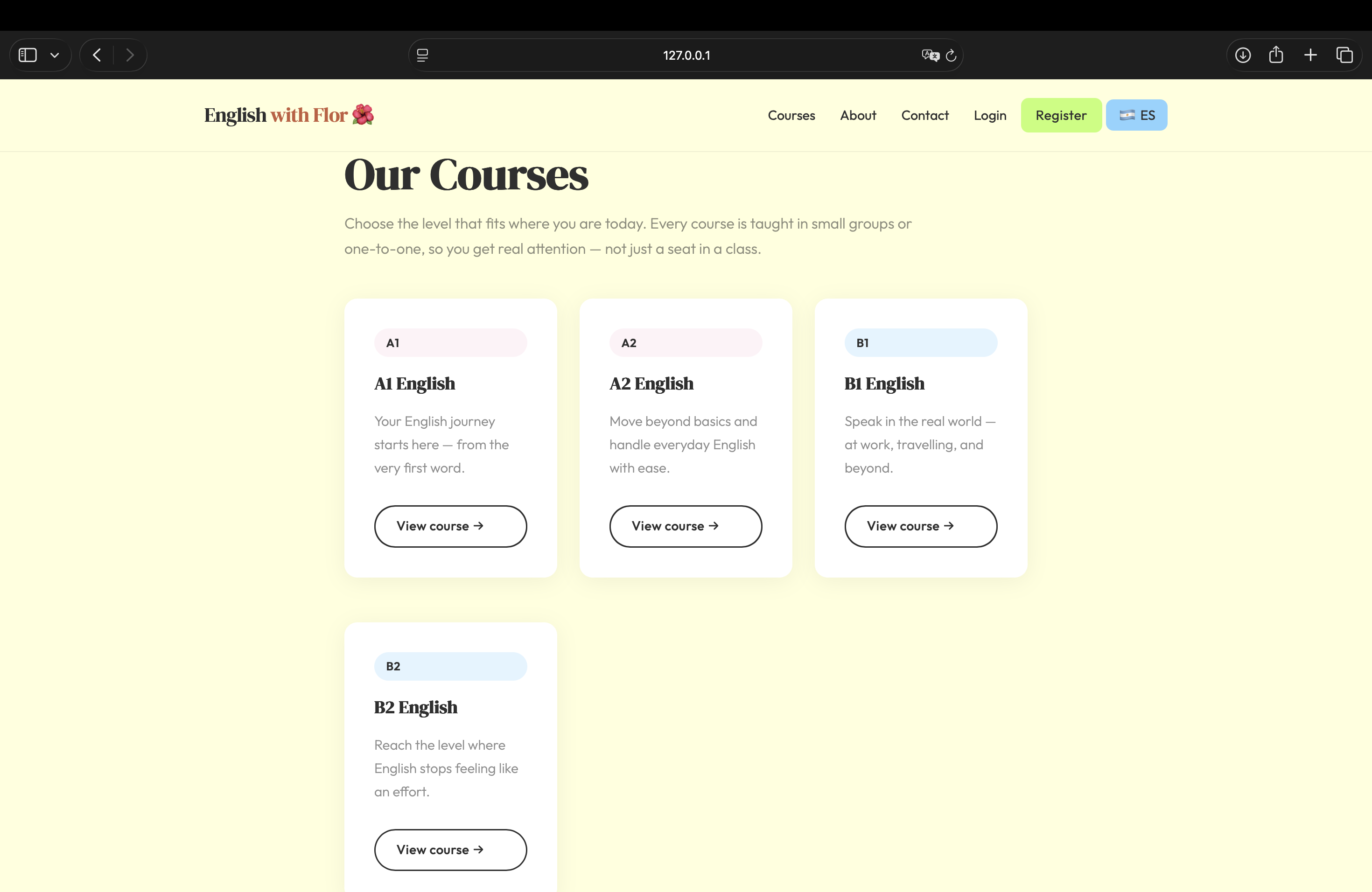 Course catalogue — A1, A2, B1, B2 cards with level descriptions