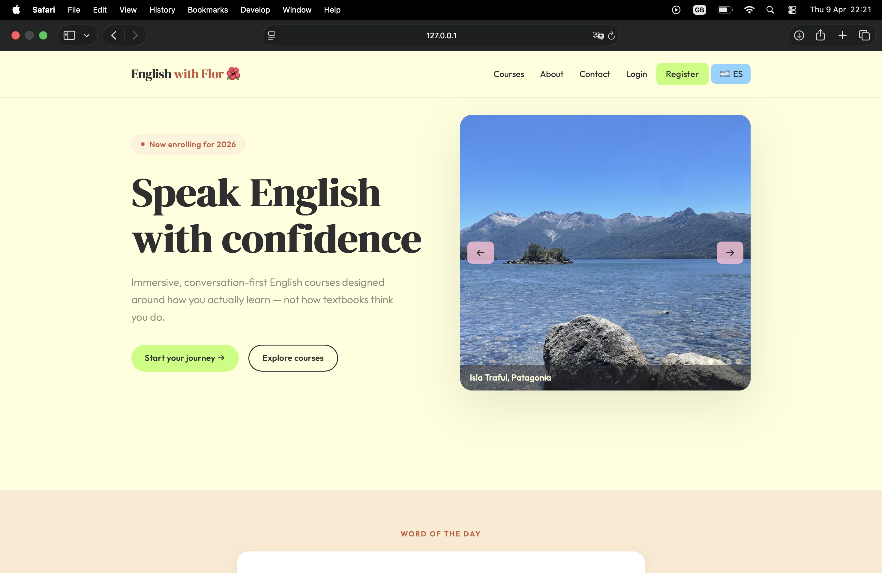 English with Flor homepage — hero section with EN/ES toggle