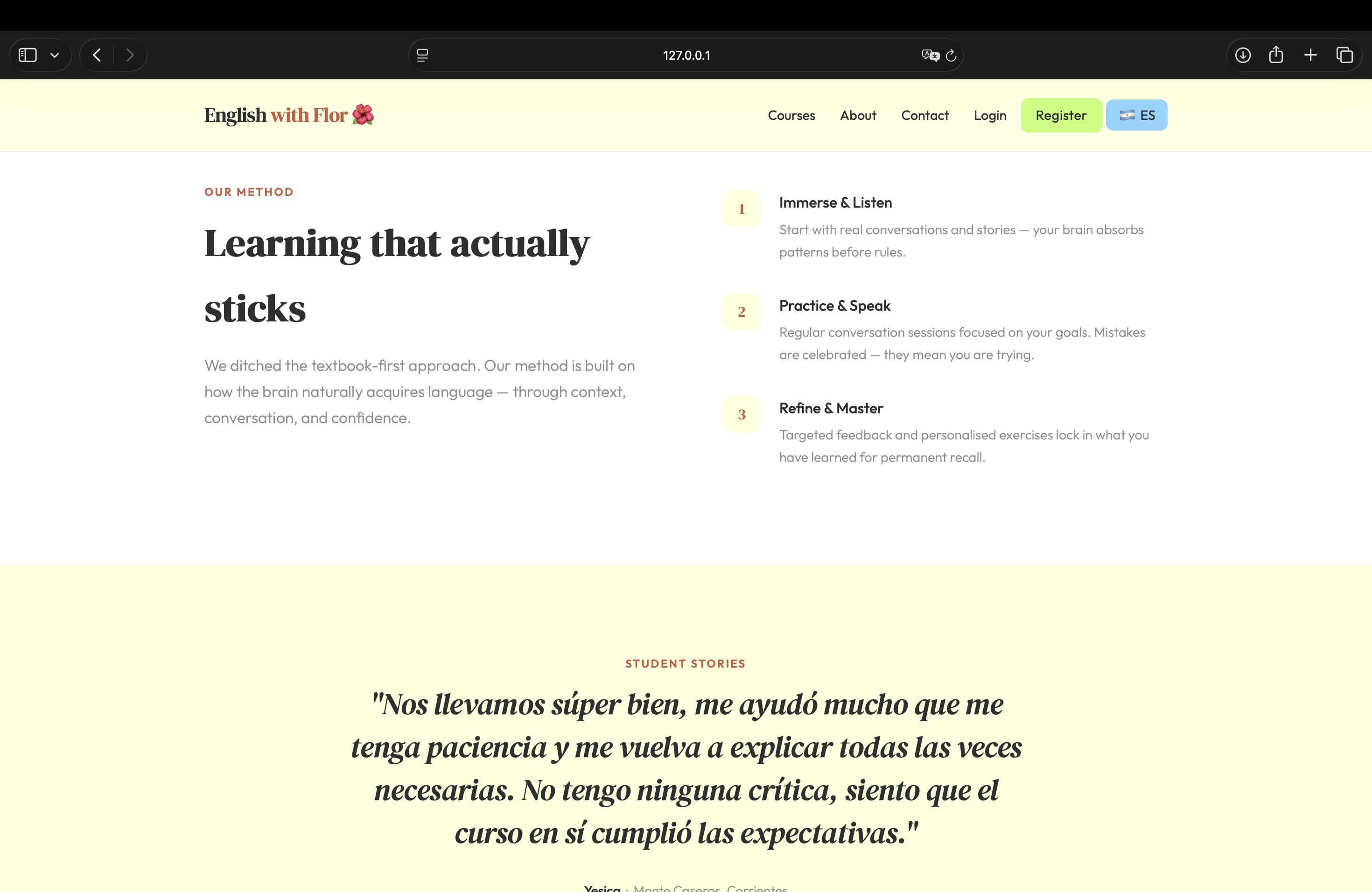 Method section — three-step learning approach with student testimonial