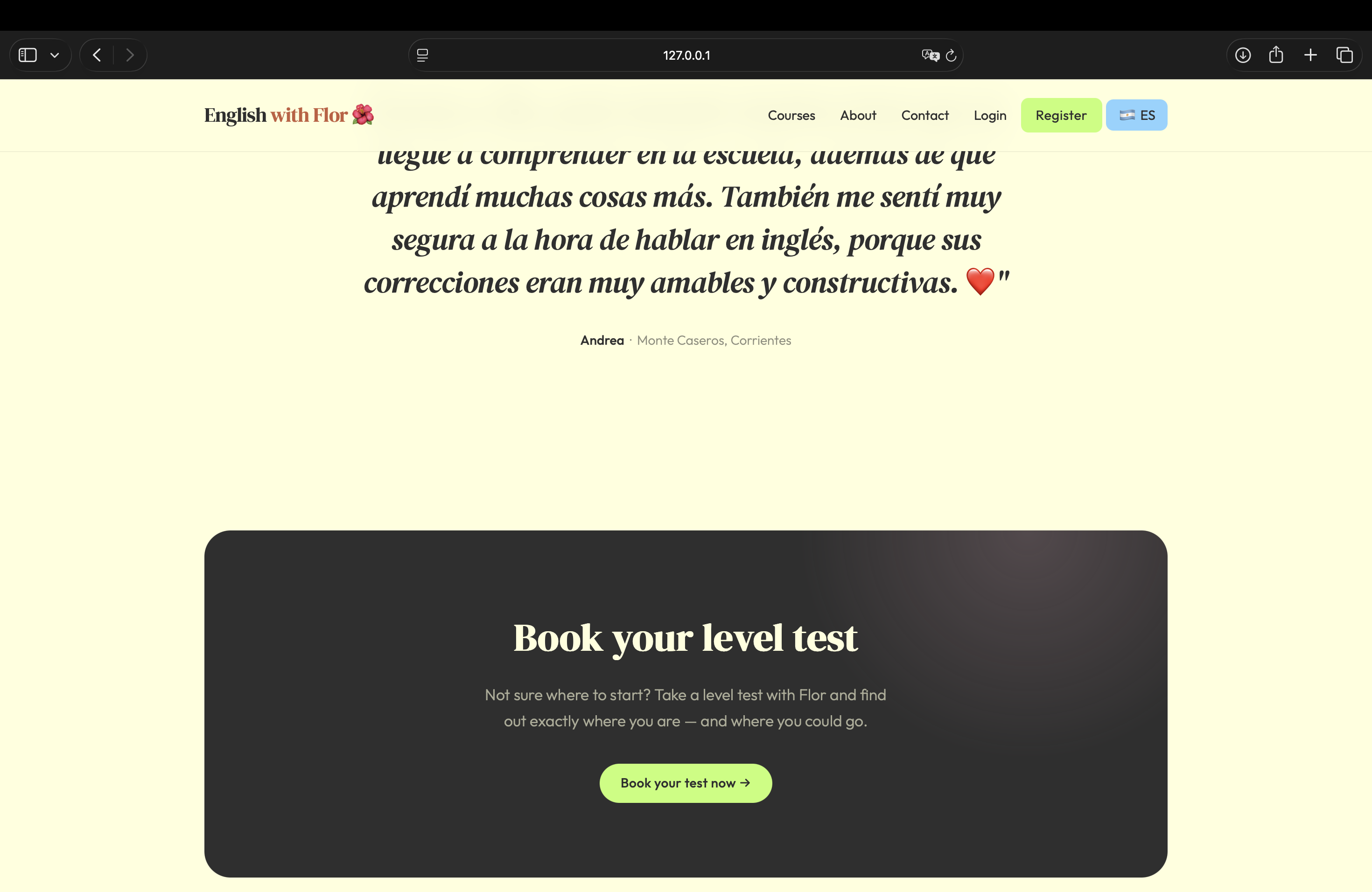 Student testimonials and level test booking CTA